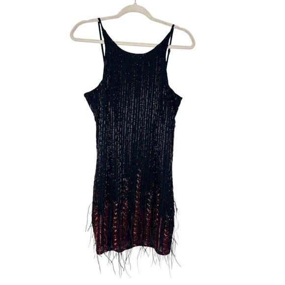 Parker Monaco Mini Dress Womens Medium Black Beaded Feather Sleeveless Cocktail - Picture 2 of 16